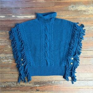 St John Mouline 100% Wool Fringe Poncho with Functional Buttons Size Large 🧡🍄